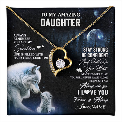 Forever Love Necklace 18K Yellow Gold Finish | 1 | Personalized To My Daughter Necklace From Mom Dad Mother Moon Wolf Daughter Birthday Gifts Jewelry Graduation Christmas Customized Gift Box Message Card | teecentury