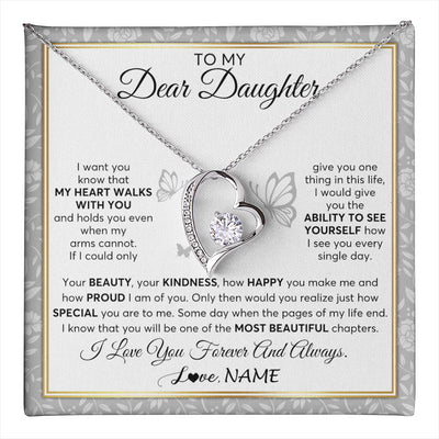 Forever Love Necklace 14K White Gold Finish | 1 | Personalized To My Daughter Necklace From Mom Dad Mother My Heart Walks With You Daughter Birthday Gifts Jewelry Christmas Customized Gift Box Message Card | teecentury
