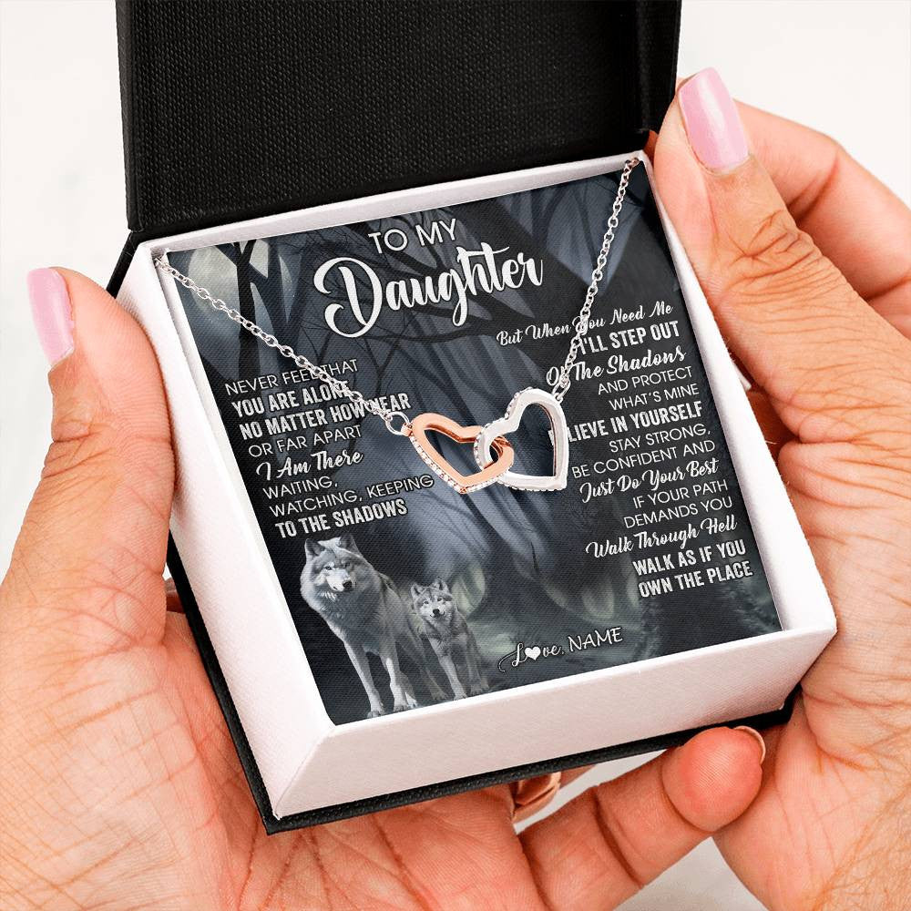 Interlocking Hearts Necklace Stainless Steel & Rose Gold Finish | 2 | Personalized To My Daughter Necklace From Mom Dad Mother Never Feel That You Are Alone Wolf Birthday Gifts Jewelry Christmas Customized Gift Box Message Card | teecentury