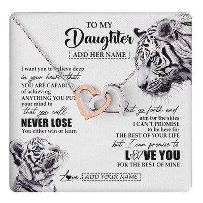 Interlocking Hearts Necklace Stainless Steel & Rose Gold Finish | 1 | Personalized To My Daughter Necklace From Mom Dad Mother You Will Never Lose White Tiger Daughter Birthday Gifts Graduation Christmas Gift Box Message Card | teecentury