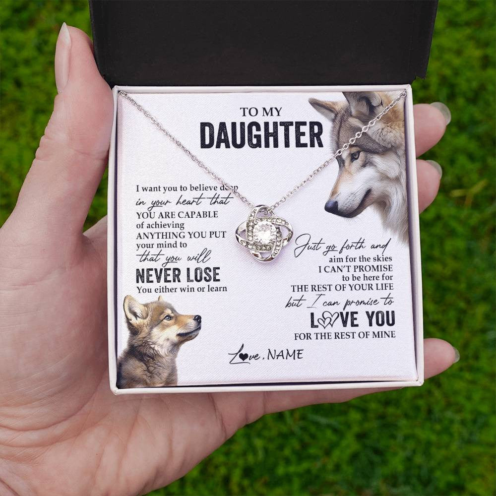 Love Knot Necklace 14K White Gold Finish | 2 | Personalized To My Daughter Necklace From Mom Dad Mother You Will Never Lose Wolf Daughter Birthday Graduation Christmas Customized Gift Box Message Card | teecentury