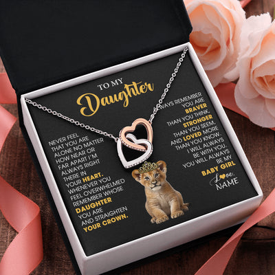 Interlocking Hearts Necklace Stainless Steel & Rose Gold Finish | 2 | Personalized To My Daughter Necklace From Mom Dad Never Feel You Are Alone Lion Birthday Gift Daughter Valentine's Day Christmas Gift Box Message Card | teecentury