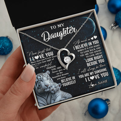 Forever Love Necklace 14K White Gold Finish | 2 | Personalized To My Daughter Necklace From Mom Dad Never Forget I Love You White Tiger Daughter Birthday Graduation Christmas Customized Gift Box Message Card | teecentury