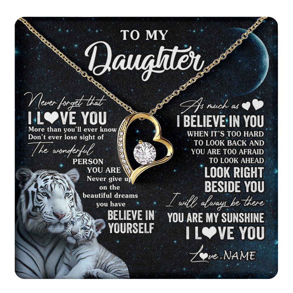 Forever Love Necklace 18K Yellow Gold Finish | 1 | Personalized To My Daughter Necklace From Mom Dad Never Forget I Love You White Tiger Daughter Birthday Graduation Christmas Customized Gift Box Message Card | teecentury