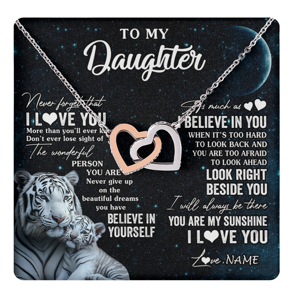 Interlocking Hearts Necklace Stainless Steel & Rose Gold Finish | 1 | Personalized To My Daughter Necklace From Mom Dad Never Forget I Love You White Tiger Daughter Birthday Graduation Christmas Customized Gift Box Message Card | teecentury