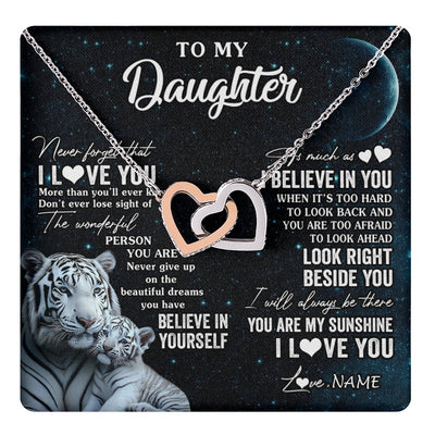 Interlocking Hearts Necklace Stainless Steel & Rose Gold Finish | 1 | Personalized To My Daughter Necklace From Mom Dad Never Forget I Love You White Tiger Daughter Birthday Graduation Christmas Customized Gift Box Message Card | teecentury