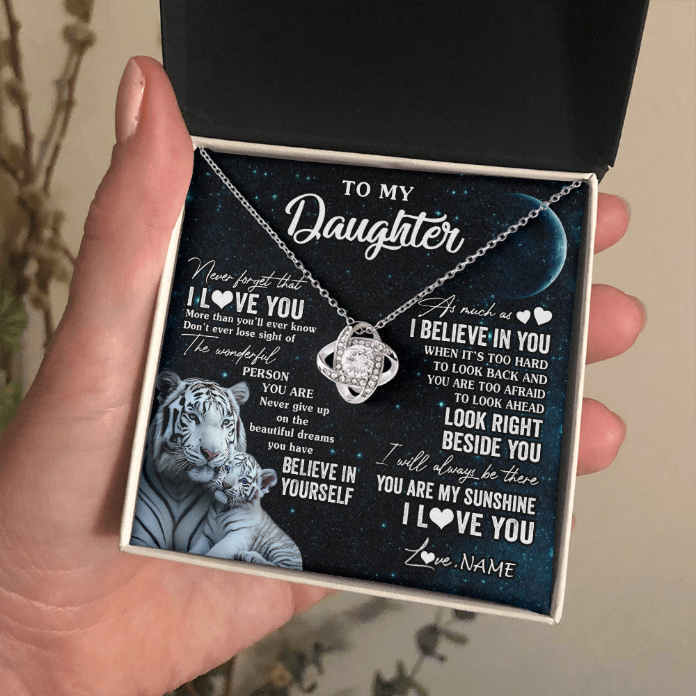 Love Knot Necklace 14K White Gold Finish | 2 | Personalized To My Daughter Necklace From Mom Dad Never Forget I Love You White Tiger Daughter Birthday Graduation Christmas Customized Gift Box Message Card | teecentury