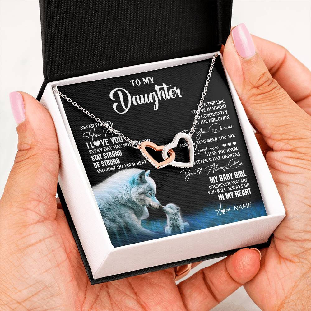 Interlocking Hearts Necklace Stainless Steel & Rose Gold Finish | 2 | Personalized To My Daughter Necklace From Mom Dad Wolf Never Forget How Much I Love You Daughter Birthday Gifts Christmas Customized Gift Box Message Card | teecentury