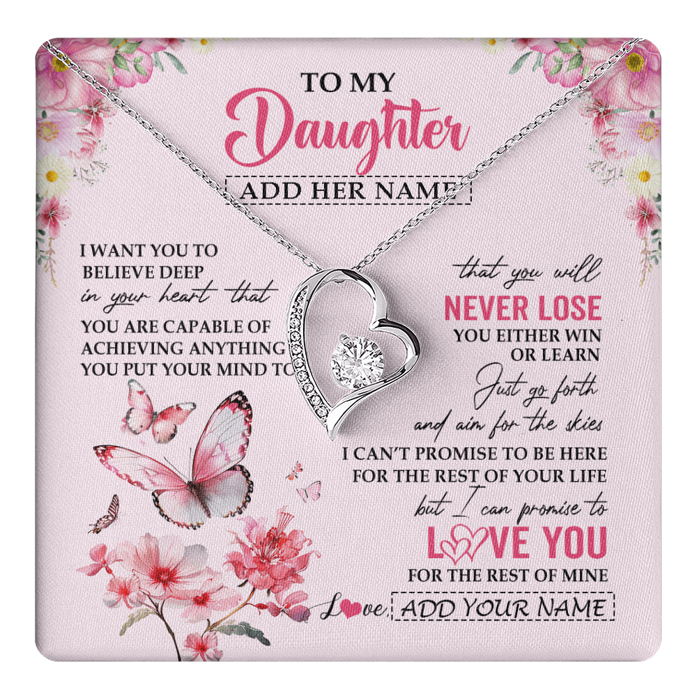 Forever Love Necklace 14K White Gold Finish | 1 | Personalized To My Daughter Necklace From Mom Dad You Will Never Lose Butterfly Daughter Birthday Gifts Graduation Christmas Customized Gift Box Message Card | teecentury