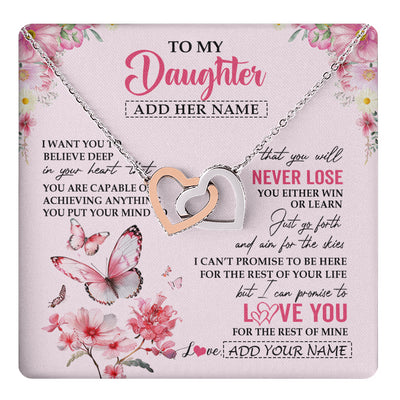 Interlocking Hearts Necklace Stainless Steel & Rose Gold Finish | 1 | Personalized To My Daughter Necklace From Mom Dad You Will Never Lose Butterfly Daughter Birthday Gifts Graduation Christmas Customized Gift Box Message Card | teecentury