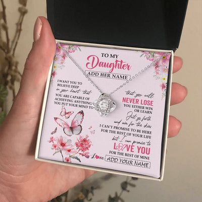 Love Knot Necklace 14K White Gold Finish | 2 | Personalized To My Daughter Necklace From Mom Dad You Will Never Lose Butterfly Daughter Birthday Gifts Graduation Christmas Customized Gift Box Message Card | teecentury
