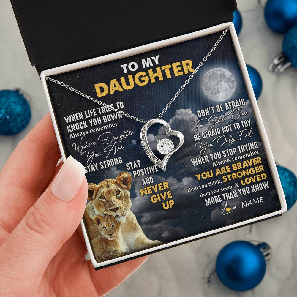 Forever Love Necklace 14K White Gold Finish | 2 | Personalized To My Daughter Necklace From Mom Mother Lion Never Give Up Daughter Birthday Graduation Jewelry Christmas Customized Gift Box Message Card | teecentury