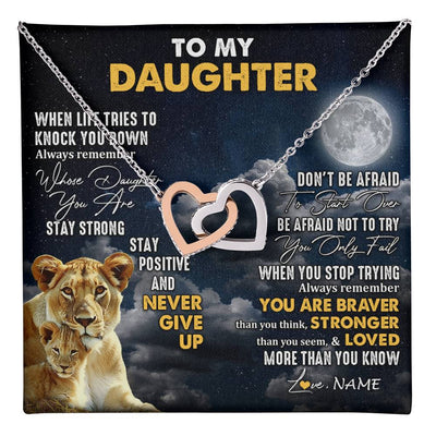 Interlocking Hearts Necklace Stainless Steel & Rose Gold Finish | 1 | Personalized To My Daughter Necklace From Mom Mother Lion Never Give Up Daughter Birthday Graduation Jewelry Christmas Customized Gift Box Message Card | teecentury