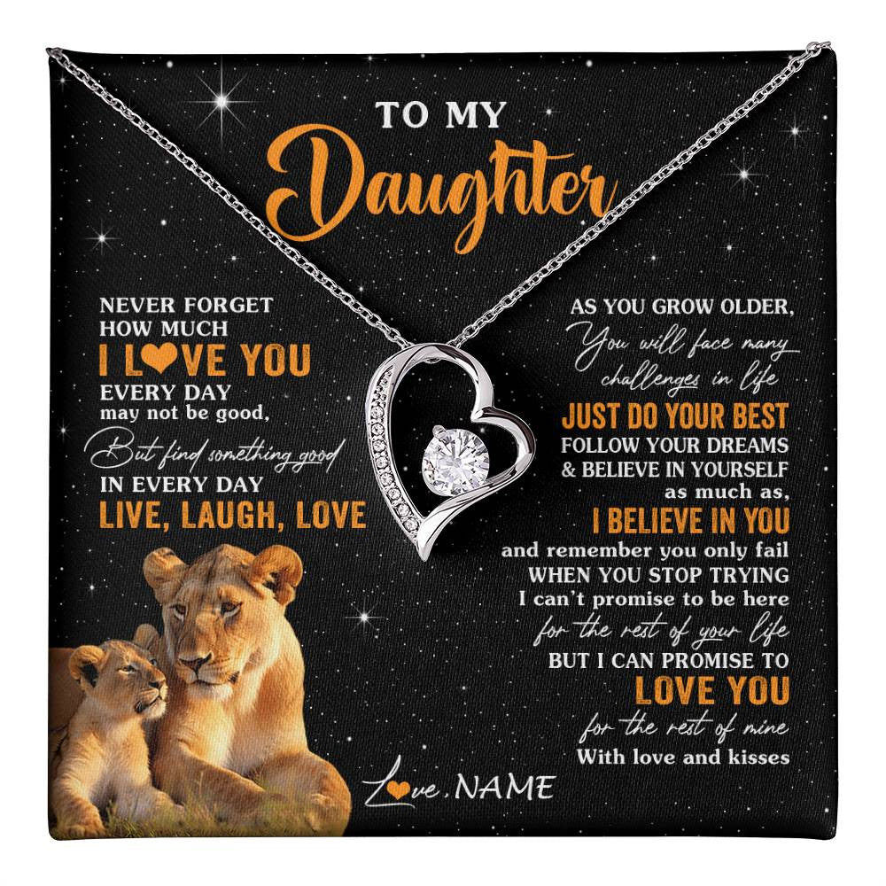 Forever Love Necklace 14K White Gold Finish | 1 | Personalized To My Daughter Necklace From Mom Mother Live Laugh Love Lion Daughter Birthday Positive Graduation Christmas Customized Gift Box Message Card | teecentury