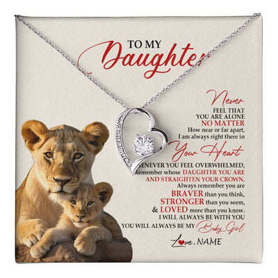 Forever Love Necklace 14K White Gold Finish | 1 | Personalized To My Daughter Necklace From Mom Mother Never Feel You Are Alone Lion Daughter Birthday Graduation Christmas Customized Gift Box Message Card | teecentury