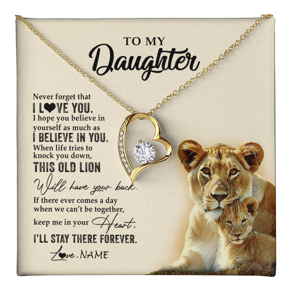 Forever Love Necklace 18K Yellow Gold Finish | 1 | Personalized To My Daughter Necklace From Mom Mother This Old Lion Never Forget I Love You Daughter Jewelry Birthday Christmas Customized Gift Box Message Card | teecentury