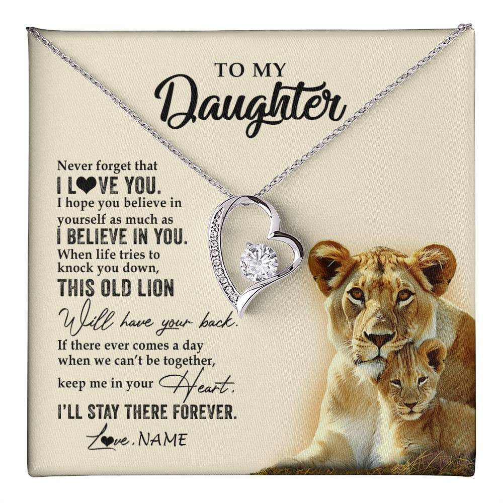 Forever Love Necklace 14K White Gold Finish | 1 | Personalized To My Daughter Necklace From Mom Mother This Old Lion Never Forget I Love You Daughter Jewelry Birthday Christmas Customized Gift Box Message Card | teecentury