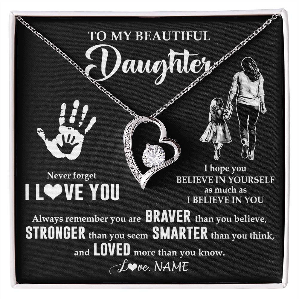 Forever Love Necklace 14K White Gold Finish | 1 | Personalized To My Daughter Necklace From Mom Never Forget I Love You Daughter Birthday Gifts Christmas New Year Graduation Customized Gift Box Message Card | teecentury