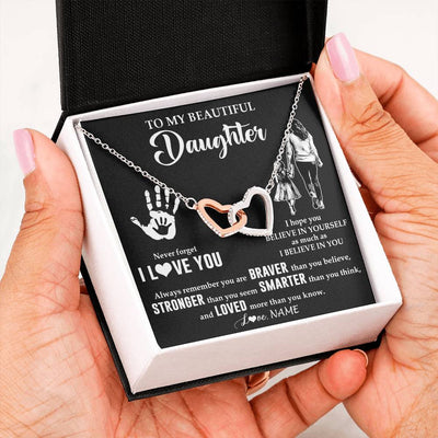 Interlocking Hearts Necklace Stainless Steel & Rose Gold Finish | 2 | Personalized To My Daughter Necklace From Mom Never Forget I Love You Daughter Birthday Gifts Christmas New Year Graduation Customized Gift Box Message Card | teecentury