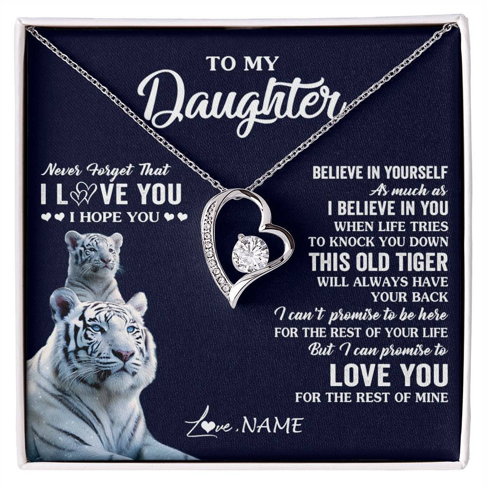 Forever Love Necklace 14K White Gold Finish | 1 | Personalized To My Daughter Necklace Gift From Mom Dad Mother This Old Tiger Love You Daughter Birthday Graduation Christmas Customized Gift Box Message Card | teecentury