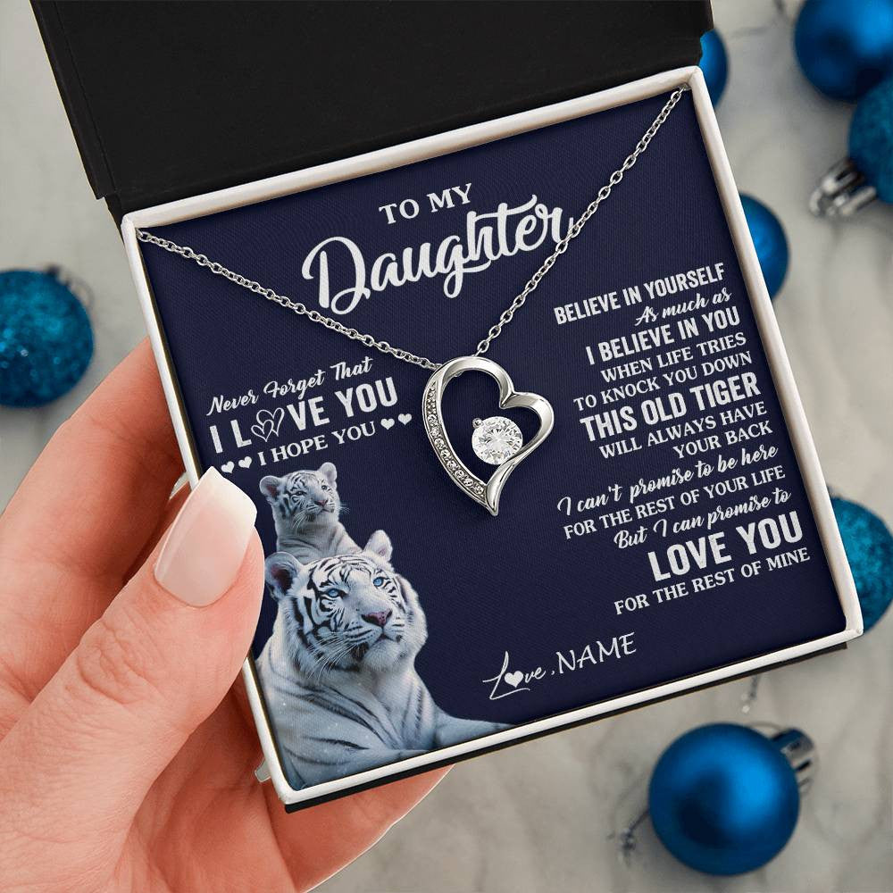 Forever Love Necklace 14K White Gold Finish | 2 | Personalized To My Daughter Necklace Gift From Mom Dad Mother This Old Tiger Love You Daughter Birthday Graduation Christmas Customized Gift Box Message Card | teecentury