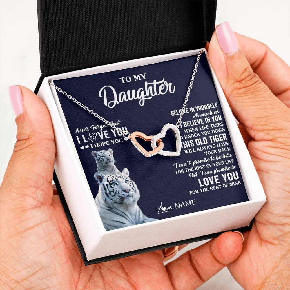 Interlocking Hearts Necklace Stainless Steel & Rose Gold Finish | 2 | Personalized To My Daughter Necklace Gift From Mom Dad Mother This Old Tiger Love You Daughter Birthday Graduation Christmas Customized Gift Box Message Card | teecentury