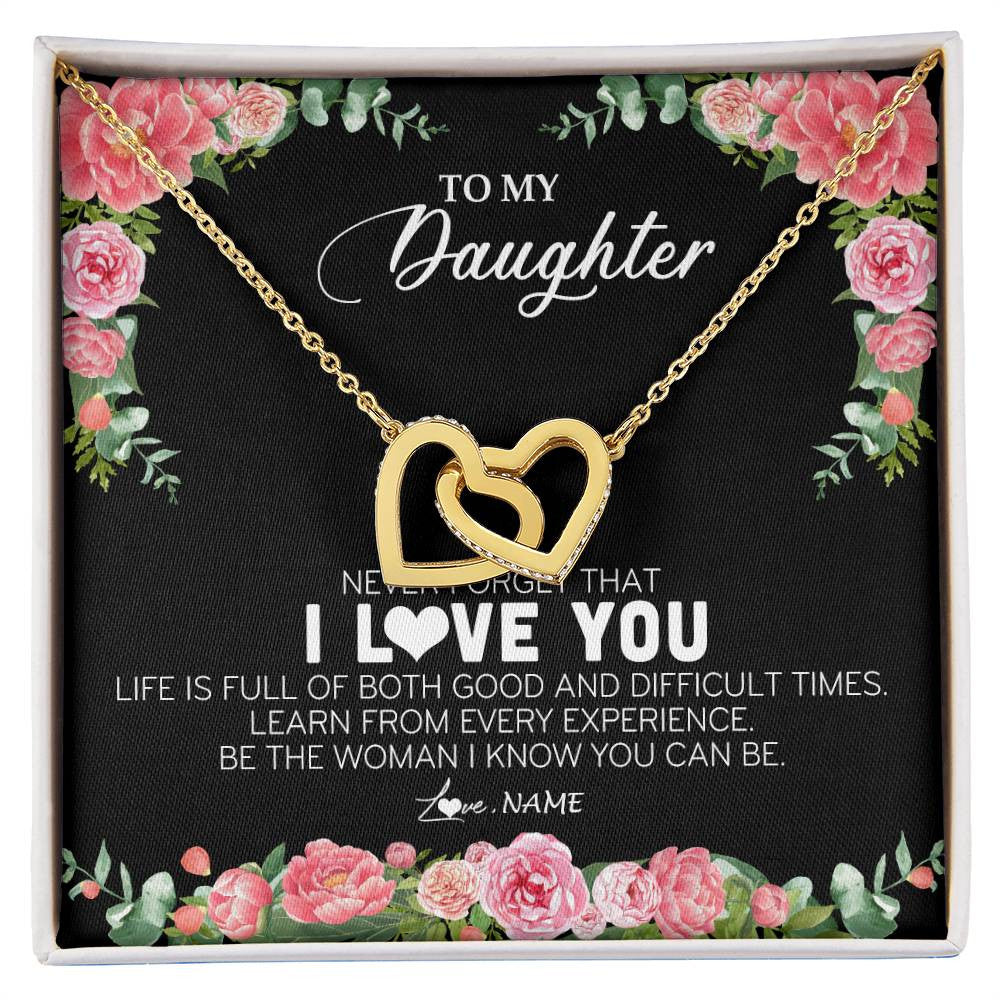 Interlocking Hearts Necklace 18K Yellow Gold Finish | Personalized To My Daughter Necklace from Dad Father Never Forget I Love You Floral Jewelry for Daughter Birthday Graduation Christmas Customized Message Card | teecentury