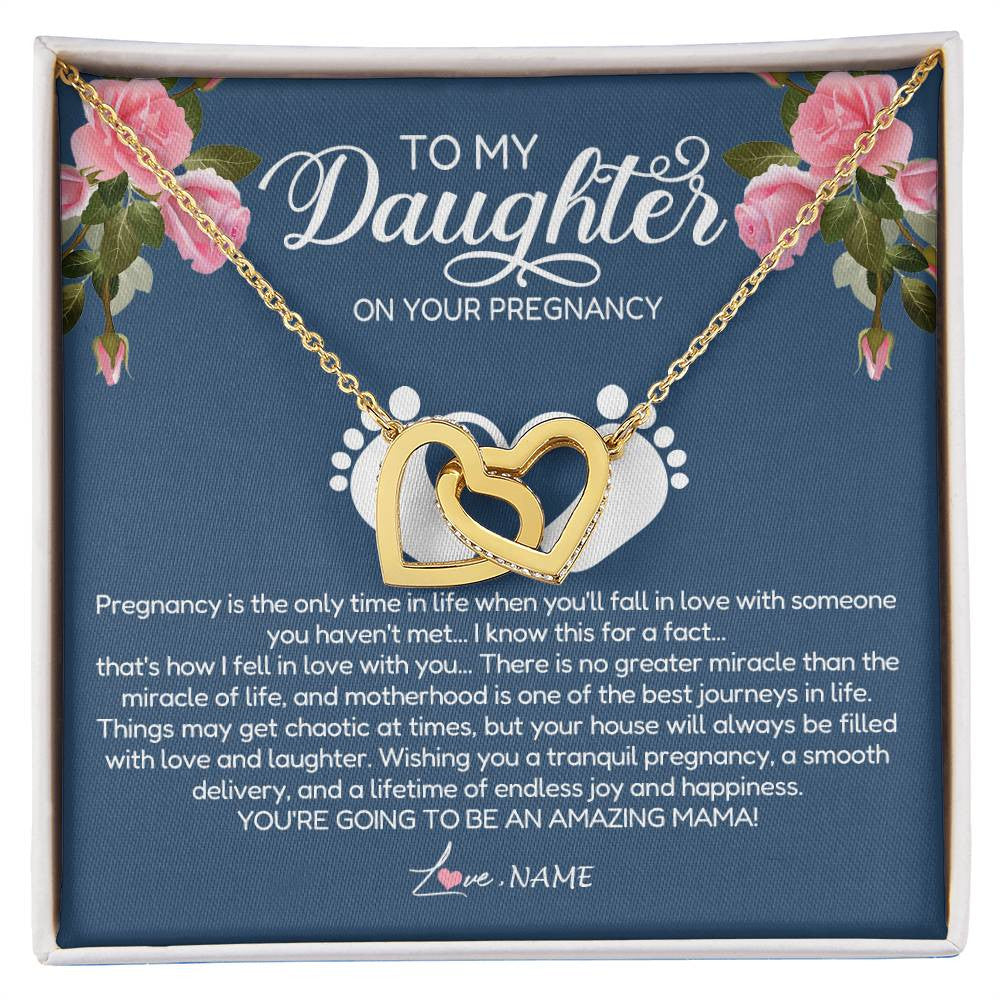 Interlocking Hearts Necklace 18K Yellow Gold Finish | Personalized To My Daughter On Your Pregnancy Necklace First Time Mom Expecting Mama Mom Mother's Day Pendant Jewelry Customized Gift Box Message Card | teecentury