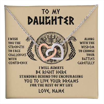 Interlocking Hearts Necklace Stainless Steel & Rose Gold Finish | 1 | Personalized To My Daughter Viking Necklace I Wish You The Strength Scandinavian Norse Runes Viking Women Birthday Christmas Customized Gift Box Message Card | teecentury
