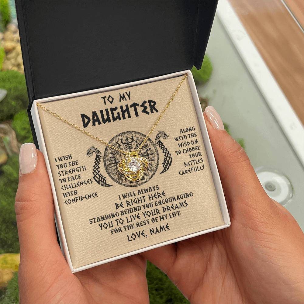 Love Knot Necklace 18K Yellow Gold Finish | 2 | Personalized To My Daughter Viking Necklace I Wish You The Strength Scandinavian Norse Runes Viking Women Birthday Christmas Customized Gift Box Message Card | teecentury