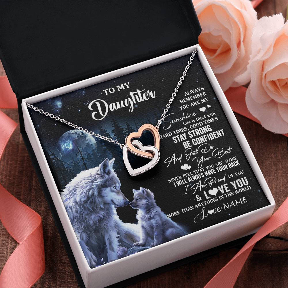 Interlocking Hearts Necklace Stainless Steel & Rose Gold Finish | 2 | Personalized To My Daughter Wolf Necklace From Dad Mom Mother Always Remember Daughter Birthday Graduation Christmas Customized Gift Box Message Card | teecentury