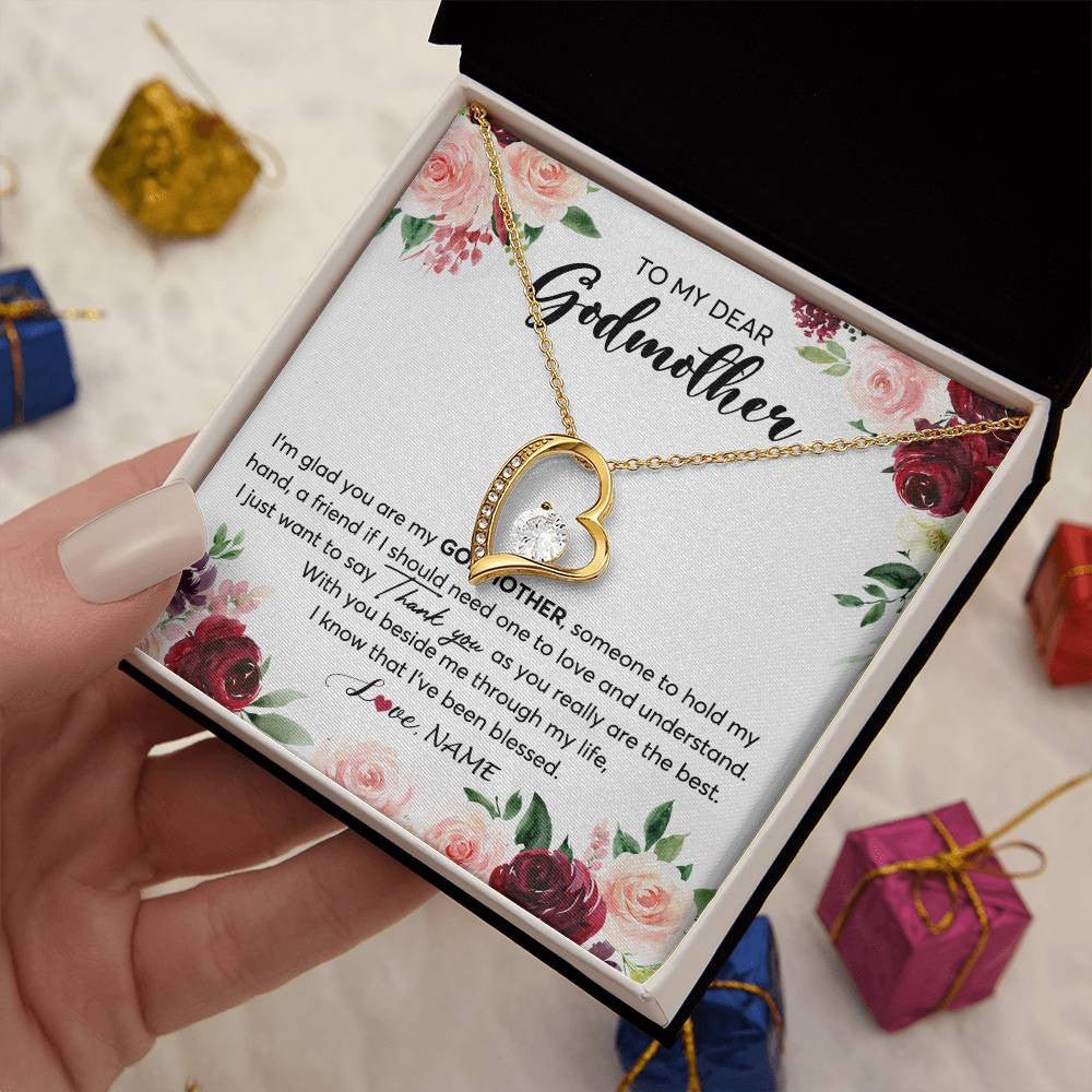 Forever Love Necklace 18K Yellow Gold Finish | 2 | Personalized To My Dear Godmother Necklace From Goddaughter Im Glad You Are My Godmother Aunt Birthday Mothers Day Christmas Customized Gift Box Message Card | teecentury