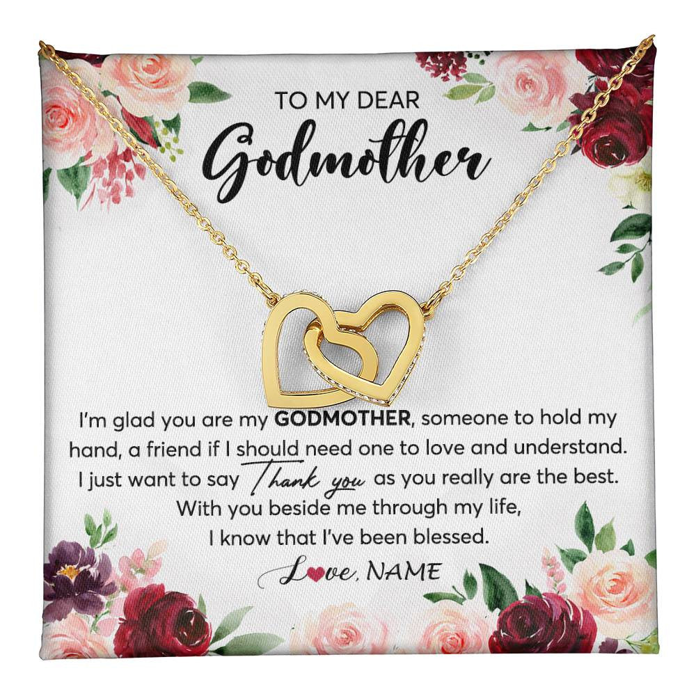 Interlocking Hearts Necklace 18K Yellow Gold Finish | 1 | Personalized To My Dear Godmother Necklace From Goddaughter Im Glad You Are My Godmother Aunt Birthday Mothers Day Christmas Customized Gift Box Message Card | teecentury
