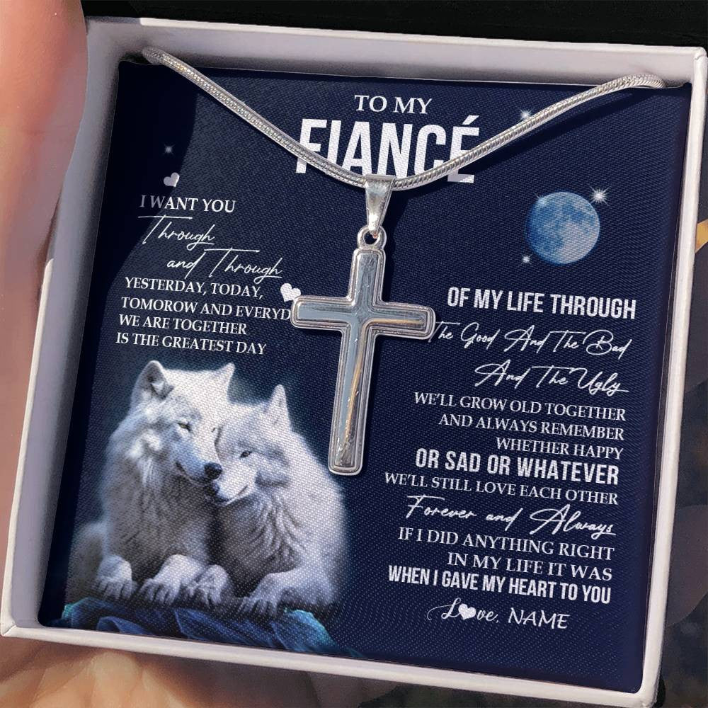 Stainless Cross Necklace Stainless Steel | 2 | Personalized To My Fiancé Necklace From Fiancée I Want You Wolf Fiancé Birthday For Him Anniversary Valentines Day Christmas Customized Gift Box Message Card | teecentury