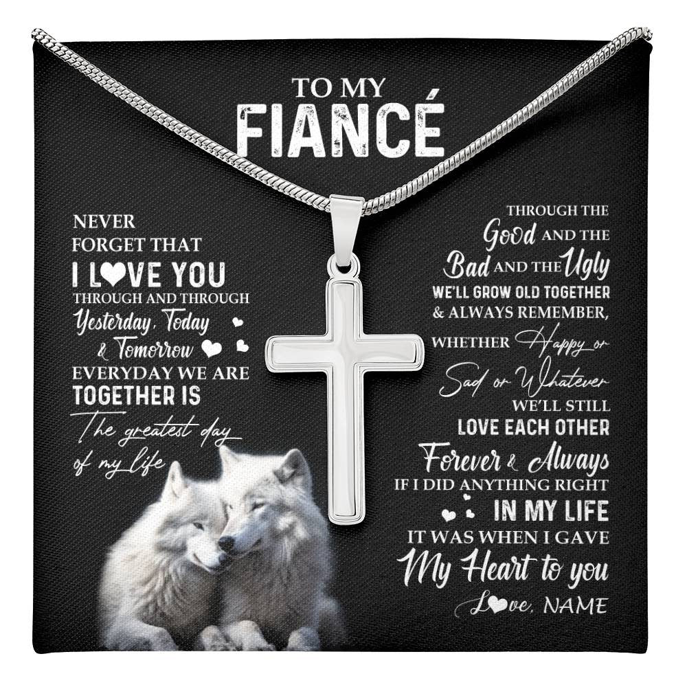 Stainless Cross Necklace Stainless Steel | 1 | Personalized To My Fiancé Necklace From Fiancée Wolf Never Forget That I Love You Fiancé Birthday Valentine Day Christmas Customized Gift Box Message Card | teecentury