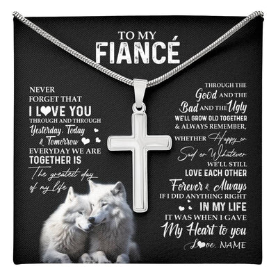 Stainless Cross Necklace Stainless Steel | 1 | Personalized To My Fiancé Necklace From Fiancée Wolf Never Forget That I Love You Fiancé Birthday Valentine Day Christmas Customized Gift Box Message Card | teecentury