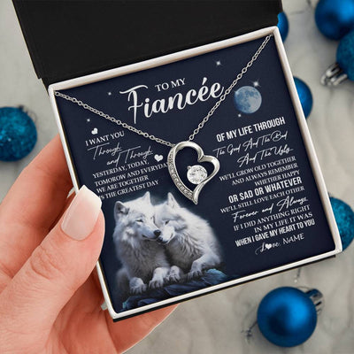 Forever Love Necklace 14K White Gold Finish | 2 | Personalized To My Fiancée Necklace From Fiancé I Want You Wolf Fiancee Birthday For Her Anniversary Valentines Day Christmas Customized Gift Box Message Card | teecentury