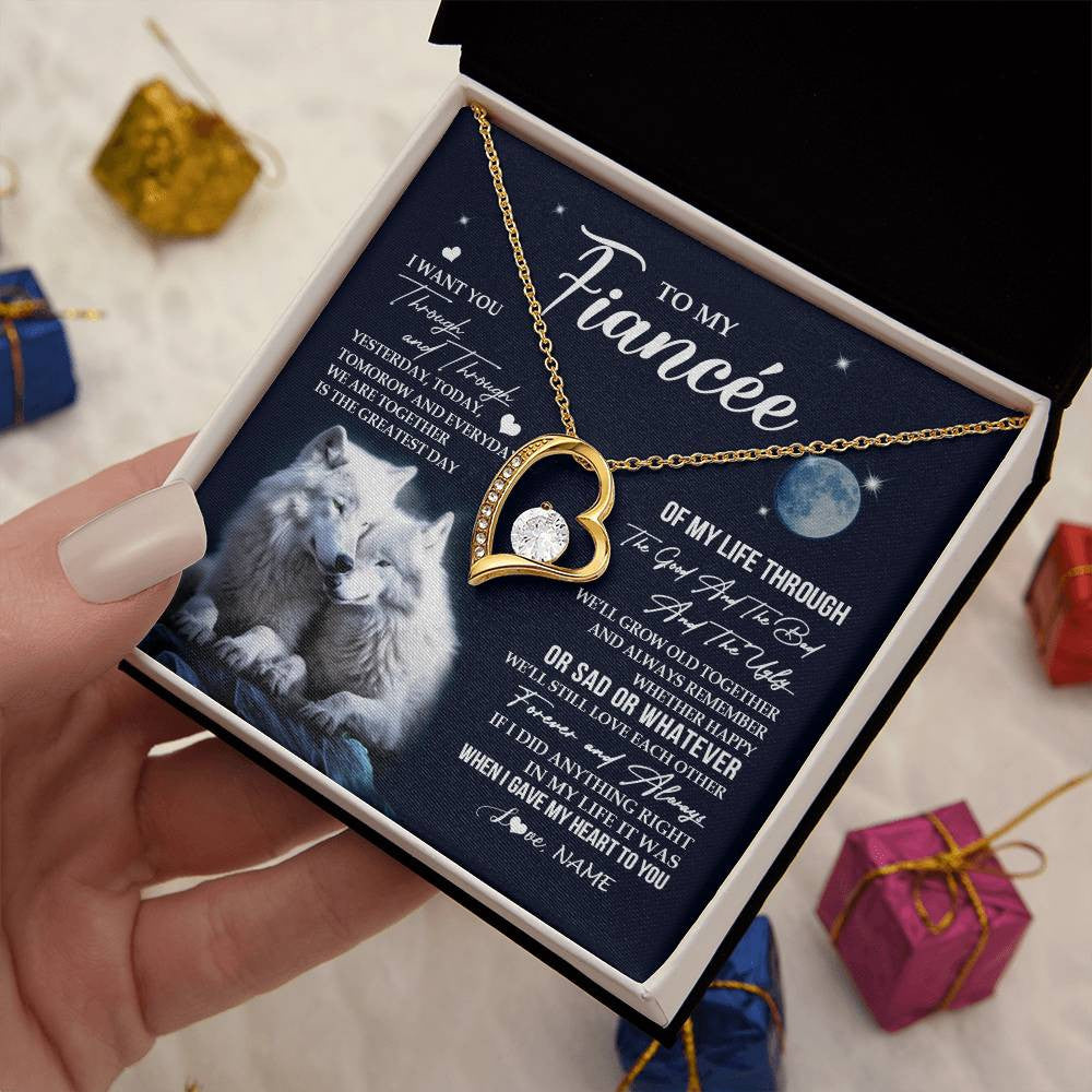 Forever Love Necklace 18K Yellow Gold Finish | 2 | Personalized To My Fiancée Necklace From Fiancé I Want You Wolf Fiancee Birthday For Her Anniversary Valentines Day Christmas Customized Gift Box Message Card | teecentury