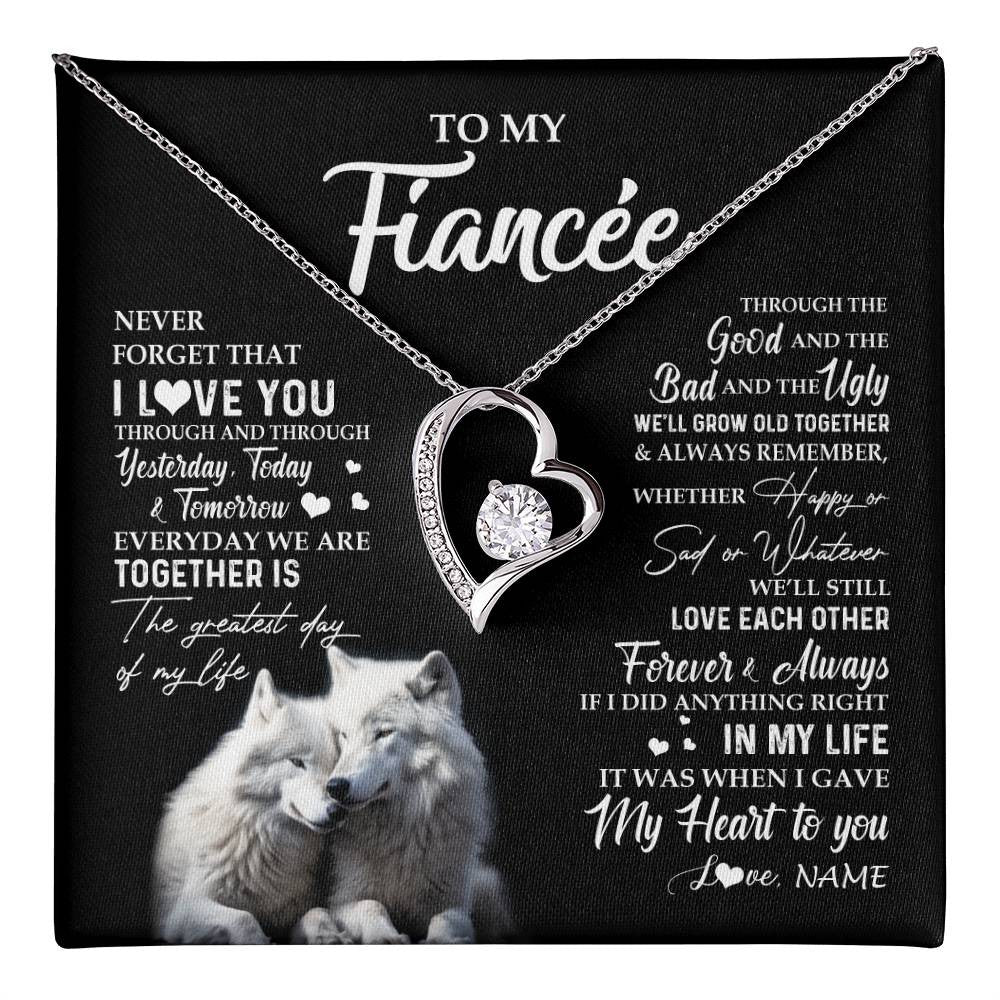 Forever Love Necklace 14K White Gold Finish | 1 | Personalized To My Fiancée Necklace From Fiancé Wolf Never Forget That I Love You Fiancée Birthday Valentine Day Christmas Customized Gift Box Message Card | teecentury
