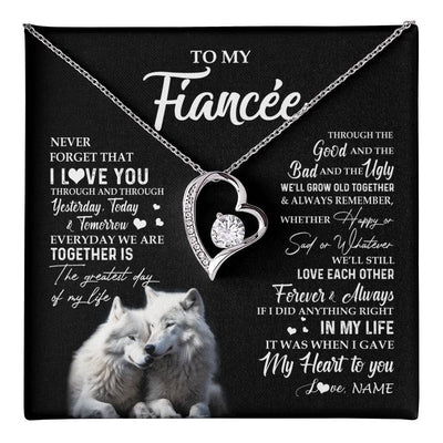 Forever Love Necklace 14K White Gold Finish | 1 | Personalized To My Fiancée Necklace From Fiancé Wolf Never Forget That I Love You Fiancée Birthday Valentine Day Christmas Customized Gift Box Message Card | teecentury