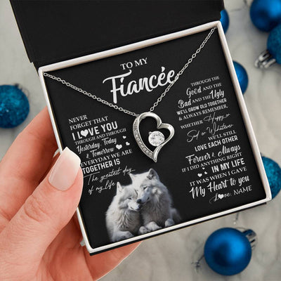 Forever Love Necklace 14K White Gold Finish | 2 | Personalized To My Fiancée Necklace From Fiancé Wolf Never Forget That I Love You Fiancée Birthday Valentine Day Christmas Customized Gift Box Message Card | teecentury