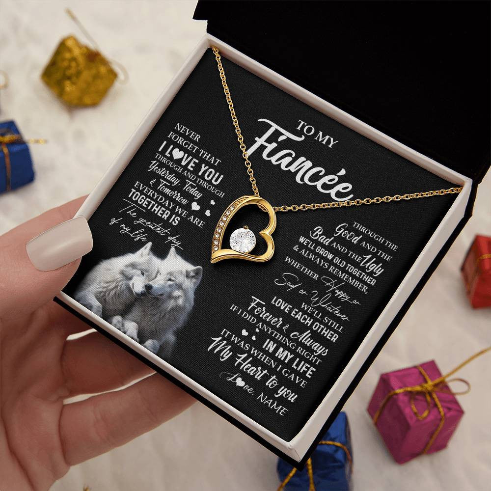 Forever Love Necklace 18K Yellow Gold Finish | 2 | Personalized To My Fiancée Necklace From Fiancé Wolf Never Forget That I Love You Fiancée Birthday Valentine Day Christmas Customized Gift Box Message Card | teecentury