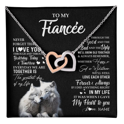 Interlocking Hearts Necklace Stainless Steel & Rose Gold Finish | 1 | Personalized To My Fiancée Necklace From Fiancé Wolf Never Forget That I Love You Fiancée Birthday Valentine Day Christmas Customized Gift Box Message Card | teecentury