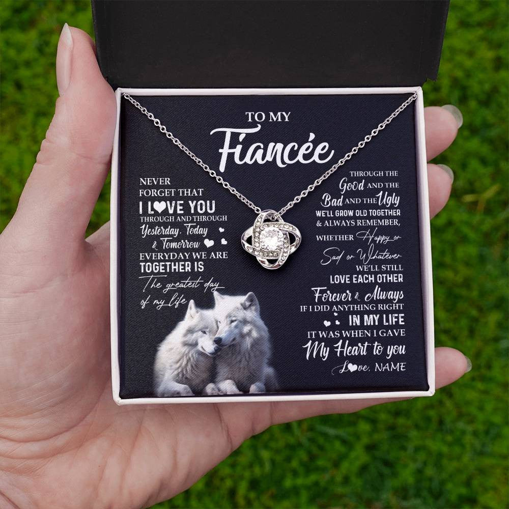 Love Knot Necklace 14K White Gold Finish | 2 | Personalized To My Fiancée Necklace From Fiancé Wolf Never Forget That I Love You Fiancée Birthday Valentine Day Christmas Customized Gift Box Message Card | teecentury