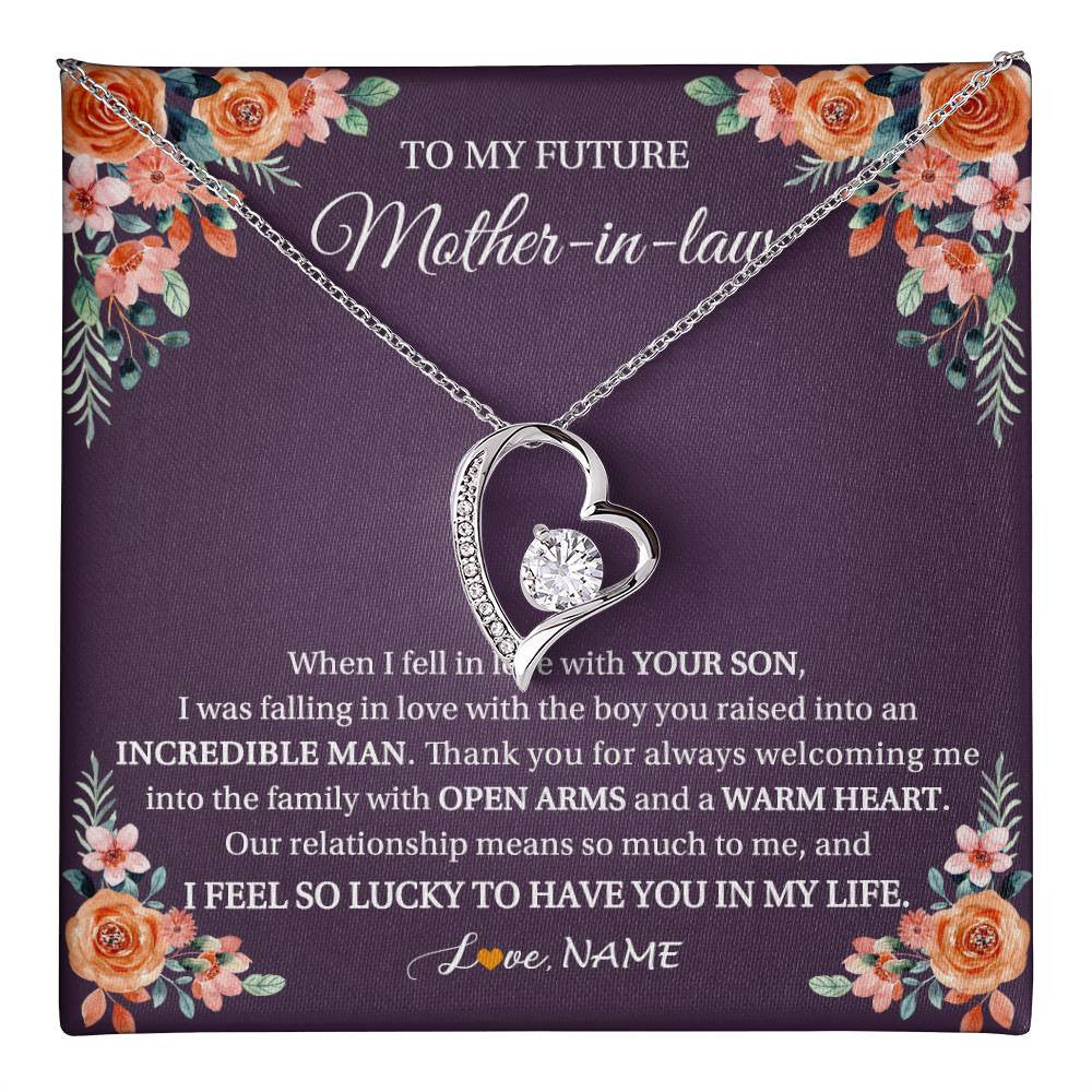 Forever Love Necklace 14K White Gold Finish | 1 | Personalized To My Future Mother In Law Necklace Thank You Mother Of The Groom Boyfriend's Mom Wedding Day Birthday Christmas Jewelry Gift Box Message Card | teecentury