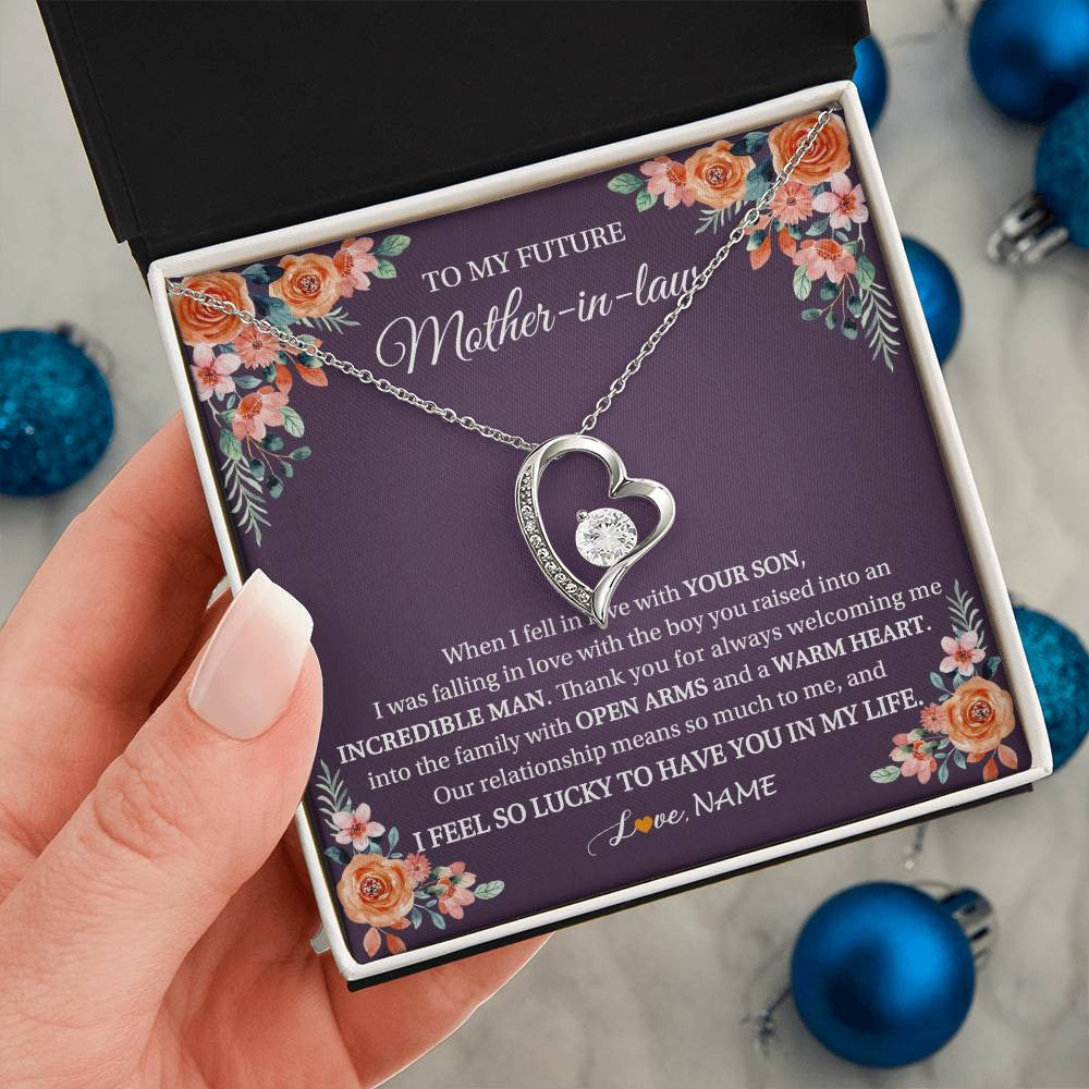 Forever Love Necklace 14K White Gold Finish | 2 | Personalized To My Future Mother In Law Necklace Thank You Mother Of The Groom Boyfriend's Mom Wedding Day Birthday Christmas Jewelry Gift Box Message Card | teecentury