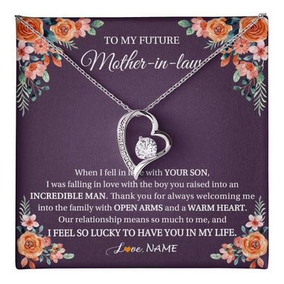 Forever Love Necklace 14K White Gold Finish | 1 | Personalized To My Future Mother In Law Necklace Thank You Mother Of The Groom Boyfriend's Mom Wedding Day Birthday Christmas Jewelry Gift Box Message Card | teecentury