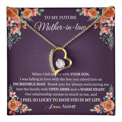 Forever Love Necklace 18K Yellow Gold Finish | 1 | Personalized To My Future Mother In Law Necklace Thank You Mother Of The Groom Boyfriend's Mom Wedding Day Birthday Christmas Jewelry Gift Box Message Card | teecentury