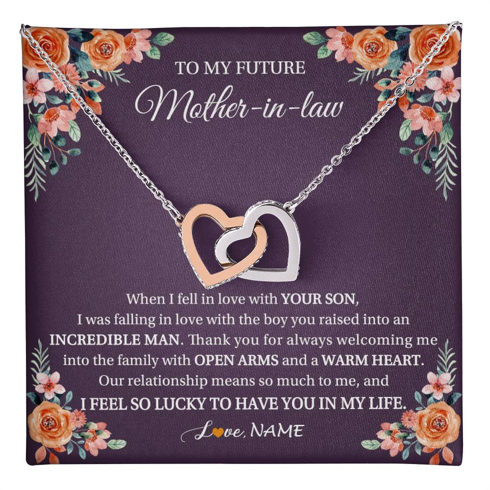 Interlocking Hearts Necklace Stainless Steel & Rose Gold Finish | 1 | Personalized To My Future Mother In Law Necklace Thank You Mother Of The Groom Boyfriend's Mom Wedding Day Birthday Christmas Jewelry Gift Box Message Card | teecentury