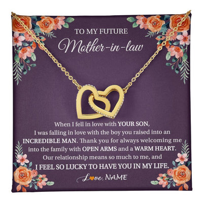 Interlocking Hearts Necklace 18K Yellow Gold Finish | 1 | Personalized To My Future Mother In Law Necklace Thank You Mother Of The Groom Boyfriend's Mom Wedding Day Birthday Christmas Jewelry Gift Box Message Card | teecentury